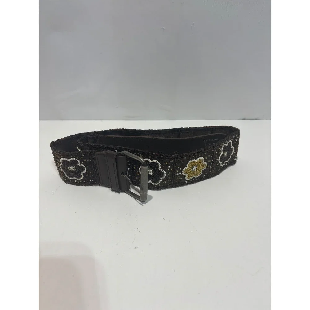 VTG India Beaded Floral Leather Belt Womens Medium Brown Gold Boho Wide Waist